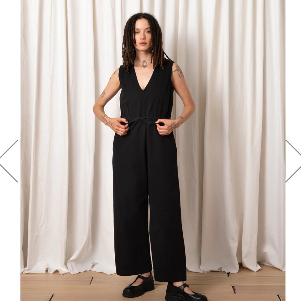 Ali Golden 100% Pima Black Cotton Heavy Slit Back Drawstring Waist Jumpsuit M